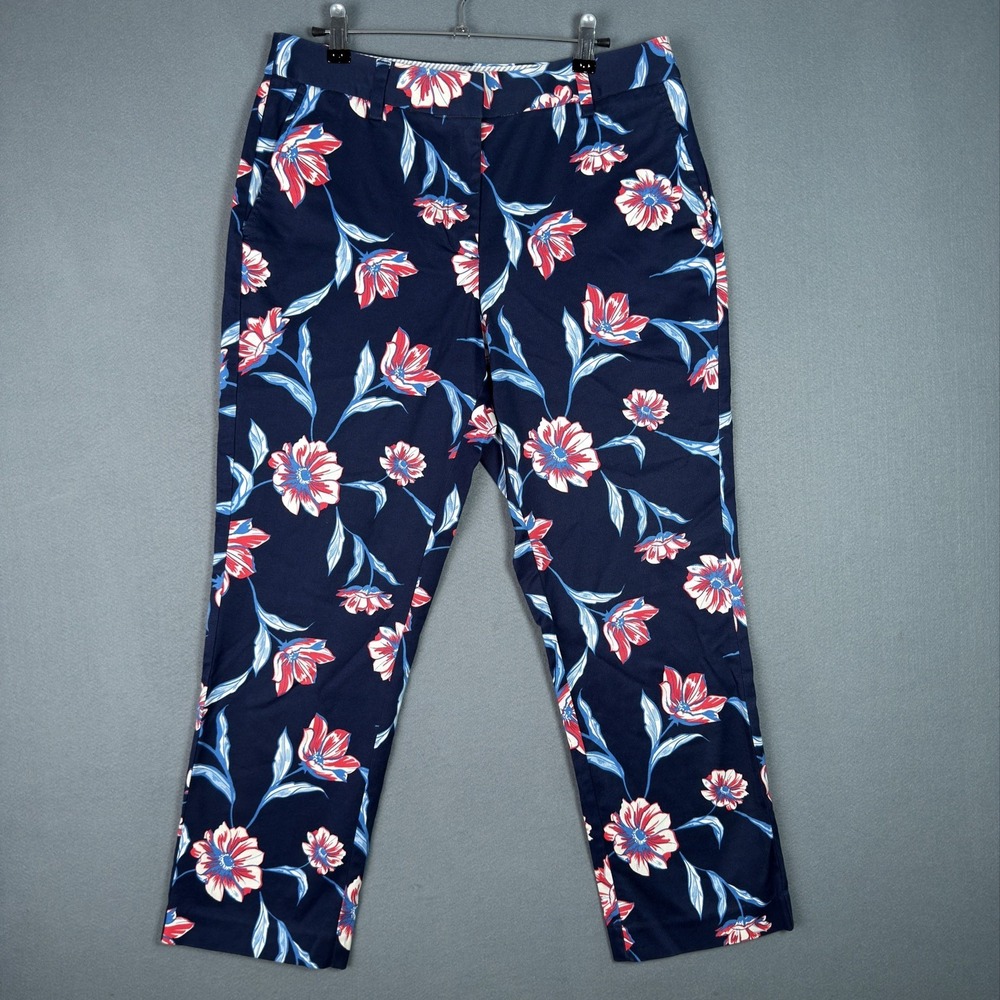 Lands' End Capri Crop Pants Blue Floral Tropical Mid Rise Straight Leg Size 8